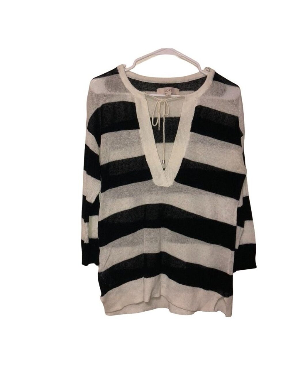 Ann Taylor LOFT Black & White Striped Linen-Cotton V-Neck Sweater M